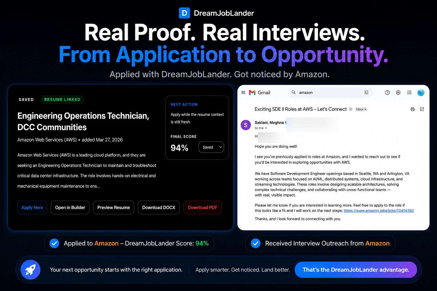 Amazon interview invite from an application sent with DreamJobLander