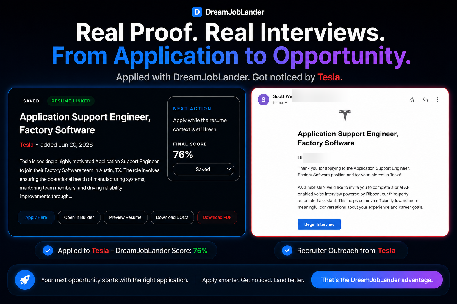 Tesla interview invite from an application sent with DreamJobLander